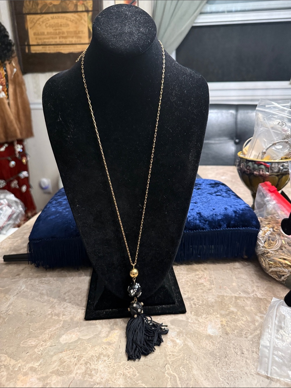 Vintage J.Crew gold tone, black fabric, tassel, and rhinestone pendant necklace